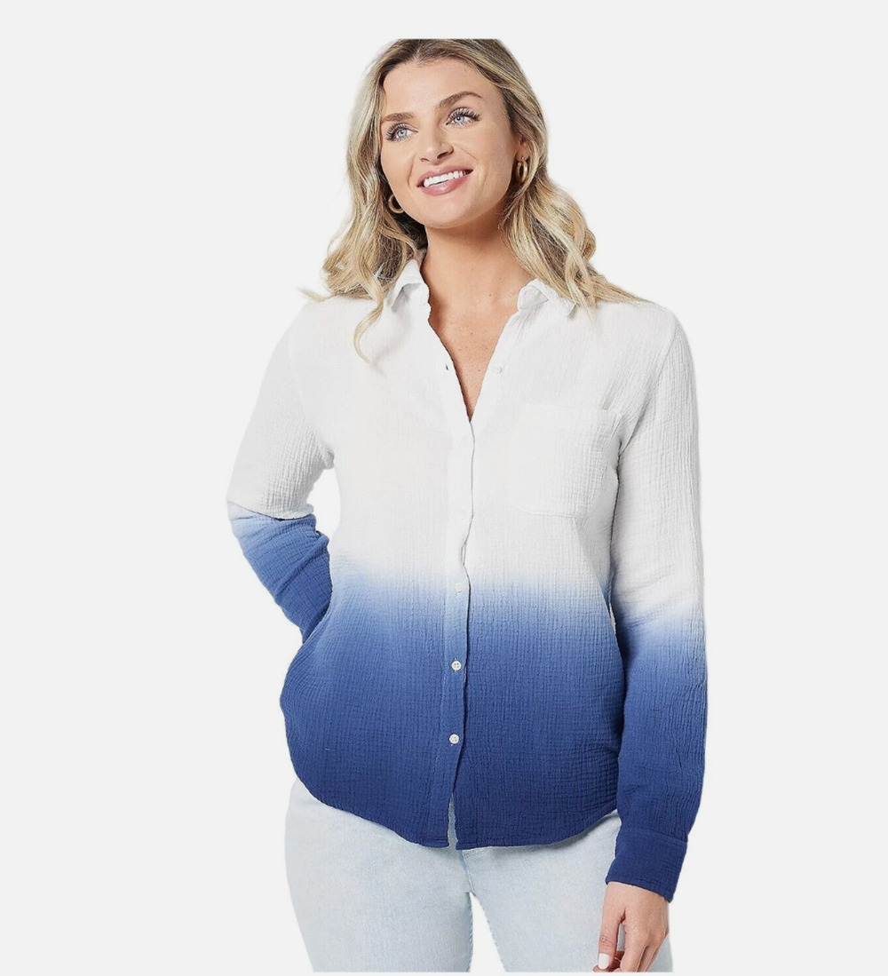 Sheer sucker Gauze cotton, ombre,white Blue button down shirt relaxed top Size-L